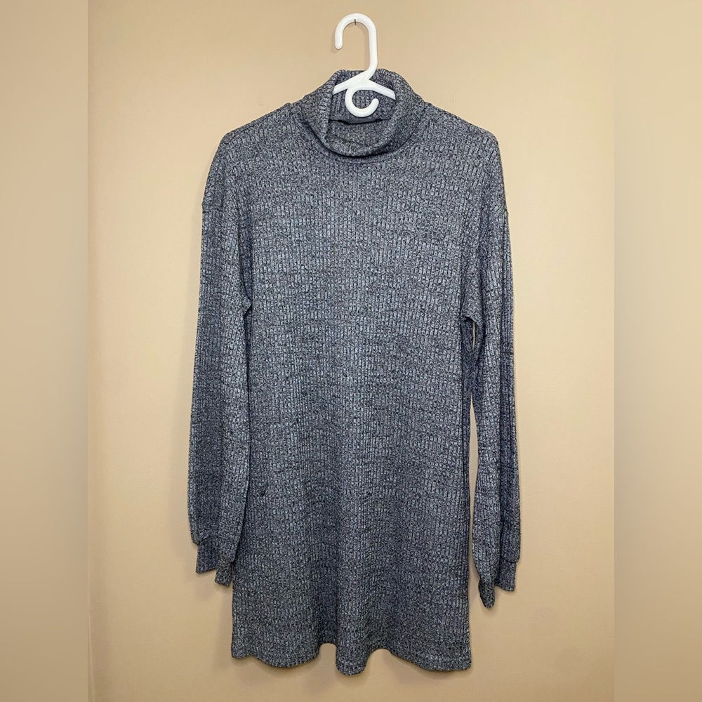 Grey Salt & Pepper Long Sleeve Cowl Neck Turtle Neck Midi Dress